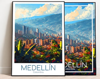 Könnte beinhalten: Eine farbenfrohe Illustration der Stadt Medellín, Kolumbien. Das Bild zeigt eine Stadtlandschaft mit Gebäuden, Bergen und üppigem Grün. Der Text "MEDELLÍN Kolumbien" ist am unteren Rand des Bildes zu sehen.