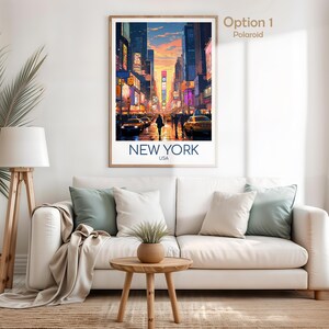 May include: A vertical rectangular wall art print featuring a vibrant illustration of a New York City street scene at sunset with yellow taxis, tall buildings, and glowing billboards. The text NEW YORK USA is printed in blue at the bottom.