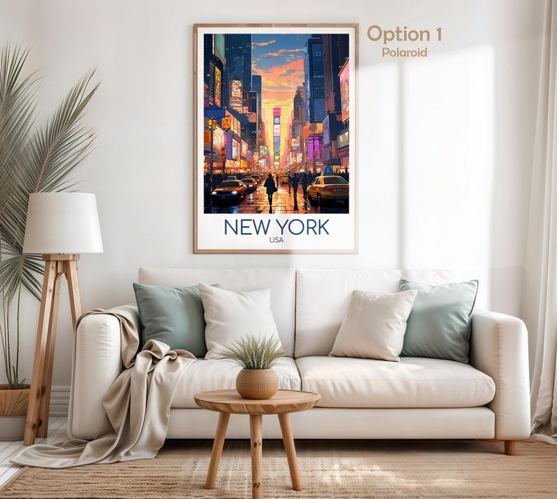 May include: A vertical rectangular wall art print featuring a vibrant illustration of a New York City street scene at sunset with yellow taxis, tall buildings, and glowing billboards. The text NEW YORK USA is printed in blue at the bottom.