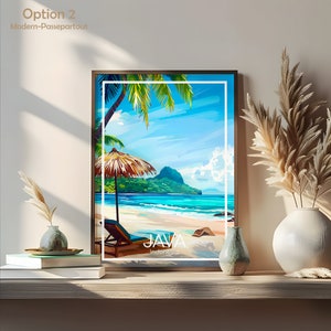Pode incluir: Uma ilustra&ccedil;&atilde;o enquadrada de uma cena de praia tropical com palmeiras, uma cadeira de praia e um guarda-sol. O texto "JAVA Indon&eacute;sia" est&aacute; na parte inferior da imagem.
