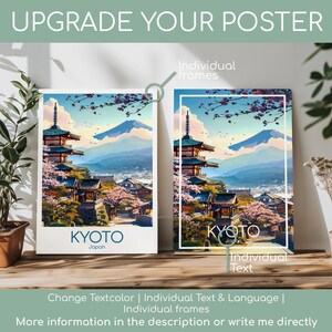 以下が含まれることがあります： 京都、日本のカラフルなイラストが描かれた2つの額入りポスター。背景には山、塔、桜が描かれています。ポスターには「KYOTO」と「Japan」の文字が書かれています。画像には「UPGRADE YOUR POSTER」という文字も含まれています。