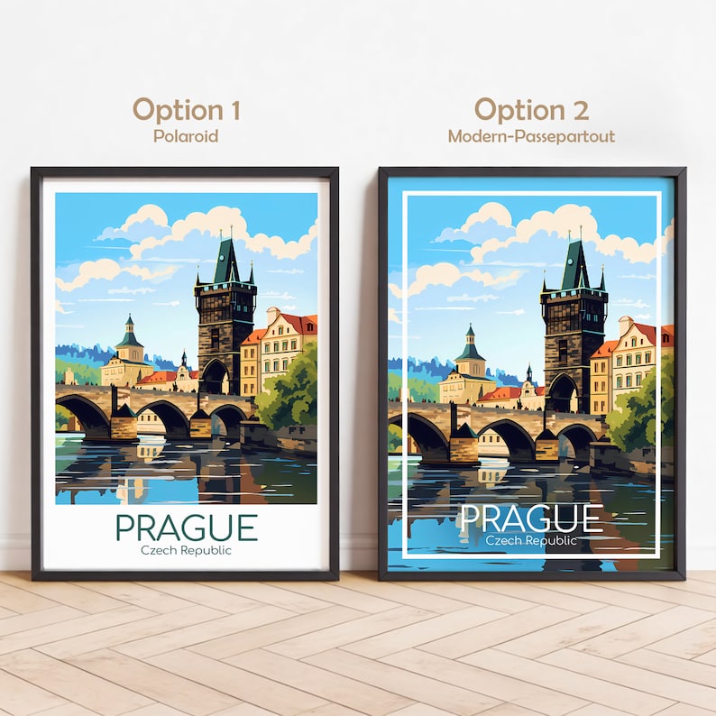 Puede incluir: Dos impresiones enmarcadas de una ilustraci&oacute;n colorida del Puente Carlos en Praga, Rep&uacute;blica Checa. La impresi&oacute;n superior est&aacute; etiquetada como "Opci&oacute;n 1 Polaroid" y la impresi&oacute;n inferior est&aacute; etiquetada como "Opci&oacute;n 2 Modern-Passepartout".