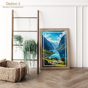 May include: A framed print of a scenic landscape with a fjord in Norway. The print has a white border with the word "NORWAY" and "Scandinavia" in black text.