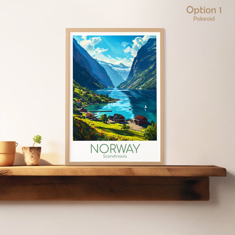 May include: A vintage-style travel poster featuring a scenic view of a fjord in Norway. The poster has a blue, green, and brown color scheme and features a small sailboat on the water. The text "NORWAY" and "Scandinavia" is printed in green at the bottom of the poster.
