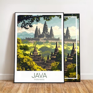 Affiche de Java - Découvrez le temple de Prambanan grâce à cette affiche, Indonésie, Cadeau, Décoration intérieure, Motif | Affiche de voyage à Java