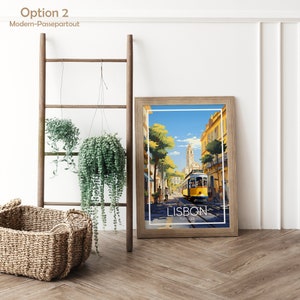 May include: A framed art print featuring a yellow tram on a street in Lisbon, Portugal. The print is in a light wood frame and has the word "LISBON" and "Portugal" printed on the bottom. The print is displayed with a wooden ladder, hanging plants, and a woven basket.