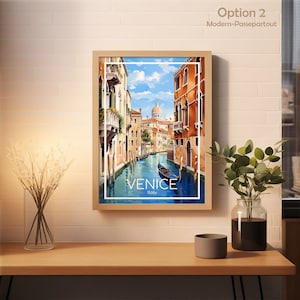 May include: A framed print of a watercolor painting depicting a canal in Venice, Italy. The canal is lined with colorful buildings and a gondola is floating in the water. The text "VENICE Italy" is printed below the image.