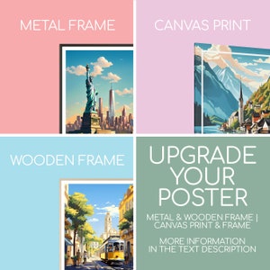 May include: A collage of three different framing options for a poster. The poster shows a colorful illustration of a city scene. The framing options are metal frame, wooden frame, and canvas print. The text "Upgrade Your Poster" is displayed in the center of the collage.