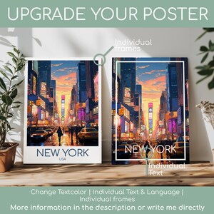 May include: Two rectangular posters depicting a New York City street scene at sunset with tall buildings, yellow taxis, and pedestrians. The left poster features the text NEW YORK USA at the bottom. The right poster shows the text NEW YORK.