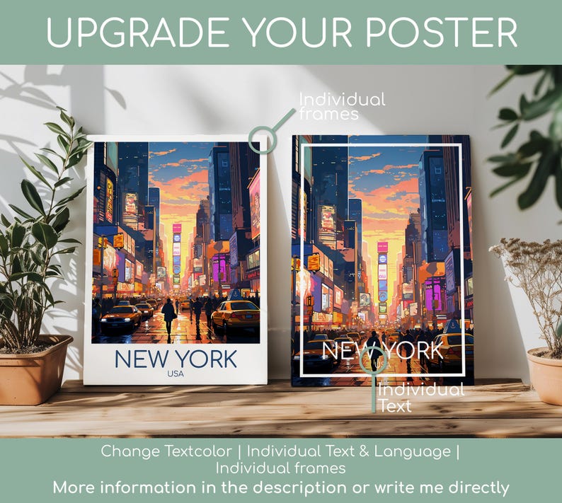 May include: Two rectangular posters depicting a New York City street scene at sunset with tall buildings, yellow taxis, and pedestrians. The left poster features the text NEW YORK USA at the bottom. The right poster shows the text NEW YORK.