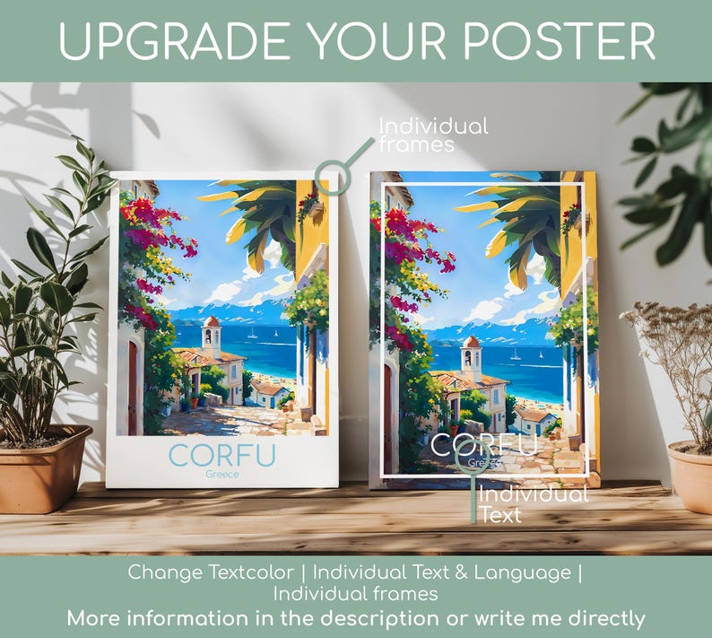 Op de afbeelding: Twee rechthoekige posters met een kleurrijke illustratie van een kustsc&egrave;ne op Corfu, Griekenland, met felroze bloemen, gele gebouwen en een blauwe zee. De tekst 'CORFU Greece' staat onderaan in een lichtblauw lettertype gedrukt.