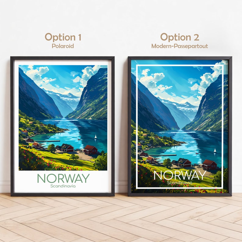 May include: Two framed prints of a scenic landscape in Norway. The top of each frame has a title: "Option 1 Polaroid" and "Option 2 Modern-Passepartout". The image shows a fjord with mountains on either side, a small village, and a blue sky with white clouds. The text "NORWAY Scandinavia" is at the bottom of each print.