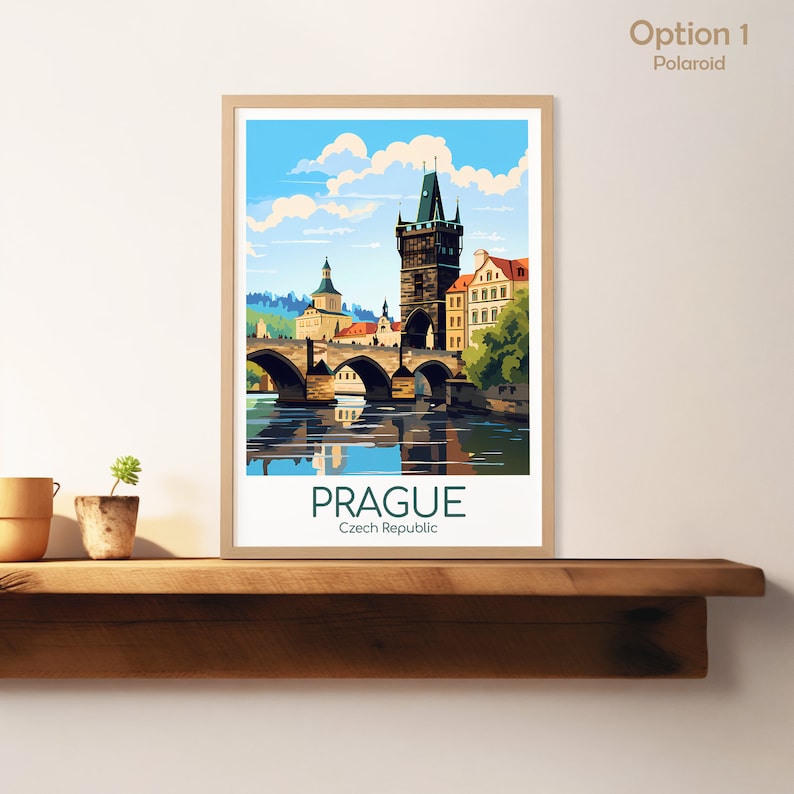 Puede incluir: Un p&oacute;ster de viaje de estilo vintage con una ilustraci&oacute;n colorida del Puente Carlos en Praga, Rep&uacute;blica Checa. El p&oacute;ster tiene un fondo blanco con el texto "PRAGUE" y "Rep&uacute;blica Checa" en una fuente verde.