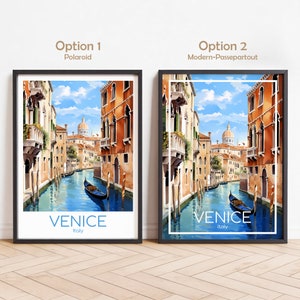 May include: A watercolor painting of a canal in Venice, Italy. The canal is lined with colorful buildings and a gondola is floating in the water. The text "VENICE" and "Italy" is printed below the image.