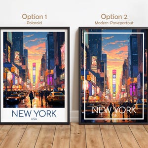 May include: Two framed art prints of a New York City street scene at sunset. Option 1 features a white border with the text NEW YORK USA. Option 2 features a white rectangular frame overlay with the text NEW YORK USA centered over the city illustration.