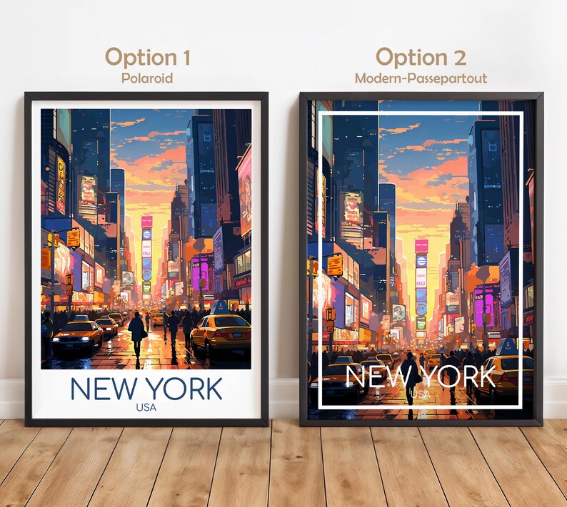 May include: Two framed art prints of a New York City street scene at sunset. Option 1 features a white border with the text NEW YORK USA. Option 2 features a white rectangular frame overlay with the text NEW YORK USA centered over the city illustration.