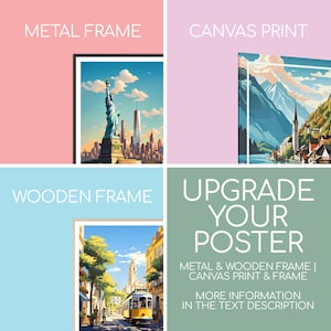 May include: A collage of three different framing options for a poster. The poster shows a colorful illustration of a city scene. The framing options are metal frame, wooden frame, and canvas print. The text "Upgrade Your Poster" is displayed in the center of the collage.