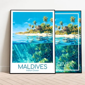 Póster de viaje de Maldivas Póster de Maldivas Arte de pared Póster vintage del océano Índico Póster de viaje Regalo Impresión de Maldivas Impresión artística