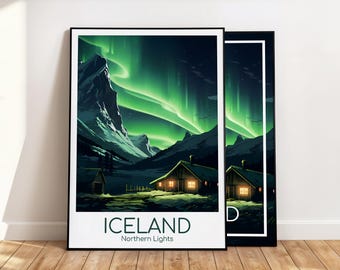 May include: Two framed art prints showcasing an Icelandic landscape with the Northern Lights. The artwork displays a green aurora borealis above mountains and lit cabins. The words "ICELAND" and "Northern Lights" are printed at the bottom of the print.
