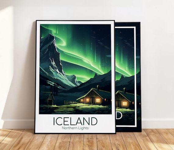 Iceland Poster Iceland Wall Art Polarlichter Iceland Reiseposter Iceland Print Vintage Iceland Geschenk Iceland Reisedruck Polarlichter