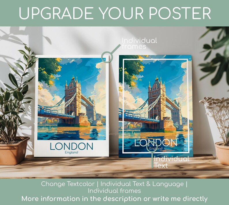May include: Two framed posters featuring a vibrant illustration of the Tower Bridge in London. The posters have a white border and the word "LONDON" in navy blue. The text "England" is below the city name. The top text reads "UPGRADE YOUR POSTER".