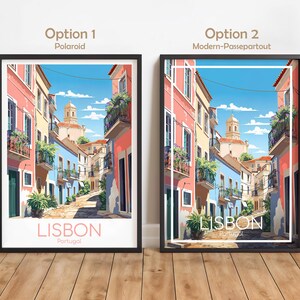 May include: Two framed art prints of a Lisbon street scene. Option 1, labeled Polaroid, features a pink and blue building exterior with the text LISBON Portugal. Option 2, labeled Modern-Passepartout, shows the same scene with a white border frame.