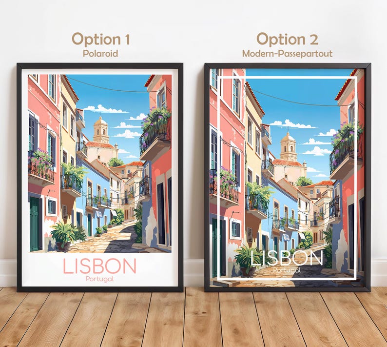 May include: Two framed art prints of a Lisbon street scene. Option 1, labeled Polaroid, features a pink and blue building exterior with the text LISBON Portugal. Option 2, labeled Modern-Passepartout, shows the same scene with a white border frame.