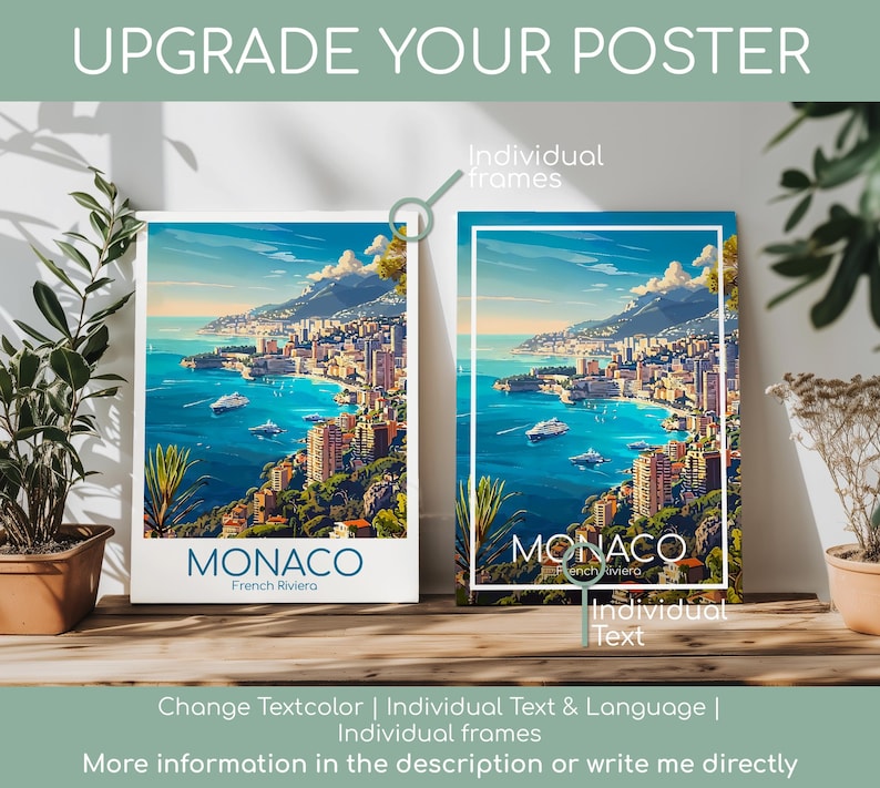 Puede incluir: Dos carteles enmarcados con una escena costera de M&oacute;naco, con un mar azul, edificios y monta&ntilde;as. Los carteles muestran la palabra "MONACO" en azul. El texto "UPGRADE YOUR POSTER" est&aacute; en la parte superior.