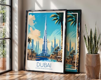 Puede incluir: Una impresión artística vertical enmarcada que presenta una ilustración estilizada del horizonte de Dubái con el Burj Khalifa como foco central, palmeras y un primer plano de agua azul. El texto DUBAI United Arab Emirates está abajo.
