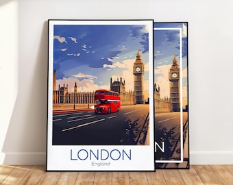 Londen Print Muurdecoratie: Poster van een rode dubbeldekkerbus voor de Big Ben.
