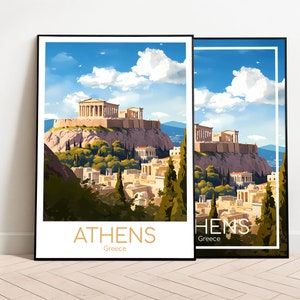 May include: A vintage travel poster featuring a colorful illustration of the Acropolis in Athens, Greece. The poster has a white background with black text that reads "ATHENS, Greece".