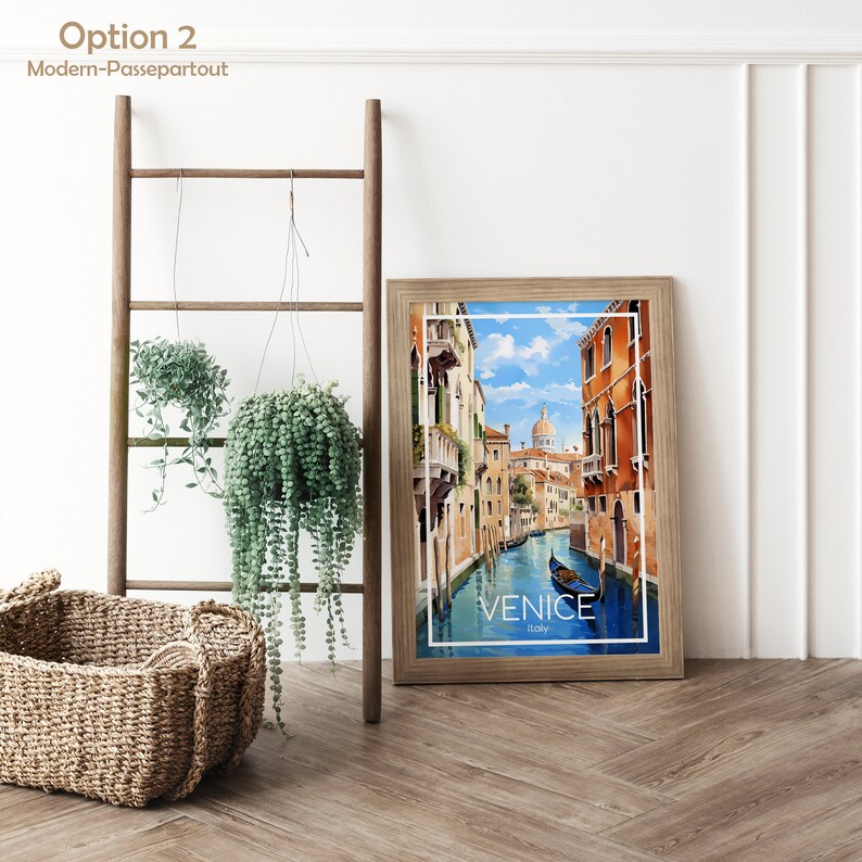 May include: A framed watercolor painting of a canal in Venice, Italy. The painting shows a gondola in the canal with buildings on either side. The text "VENICE Italy" is printed at the bottom of the painting.