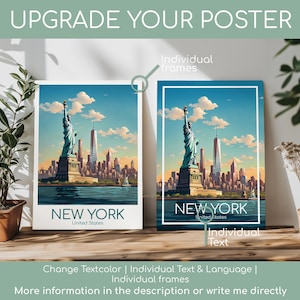 May include: Two rectangular posters featuring the Statue of Liberty and the New York City skyline under a blue sky with clouds. The text 'NEW YORK United States' appears at the bottom of each. One poster has a white border, the other has a blue border.