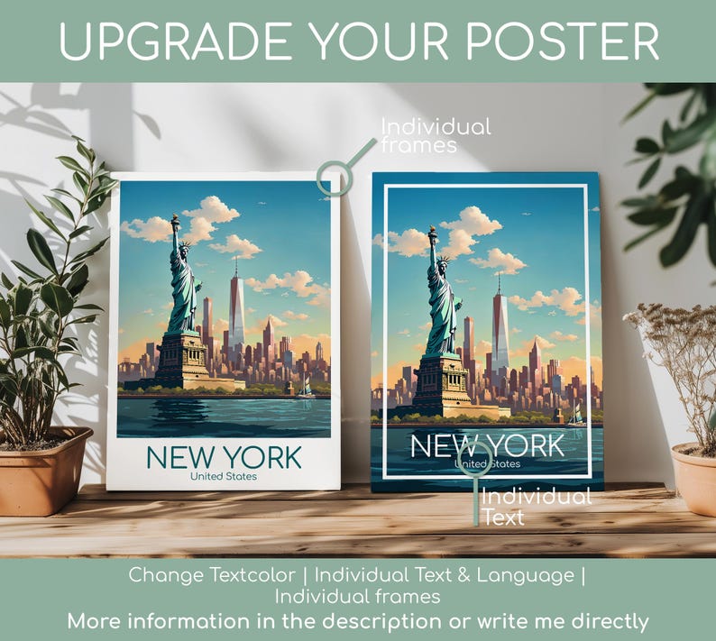 May include: Two rectangular posters featuring the Statue of Liberty and the New York City skyline under a blue sky with clouds. The text 'NEW YORK United States' appears at the bottom of each. One poster has a white border, the other has a blue border.