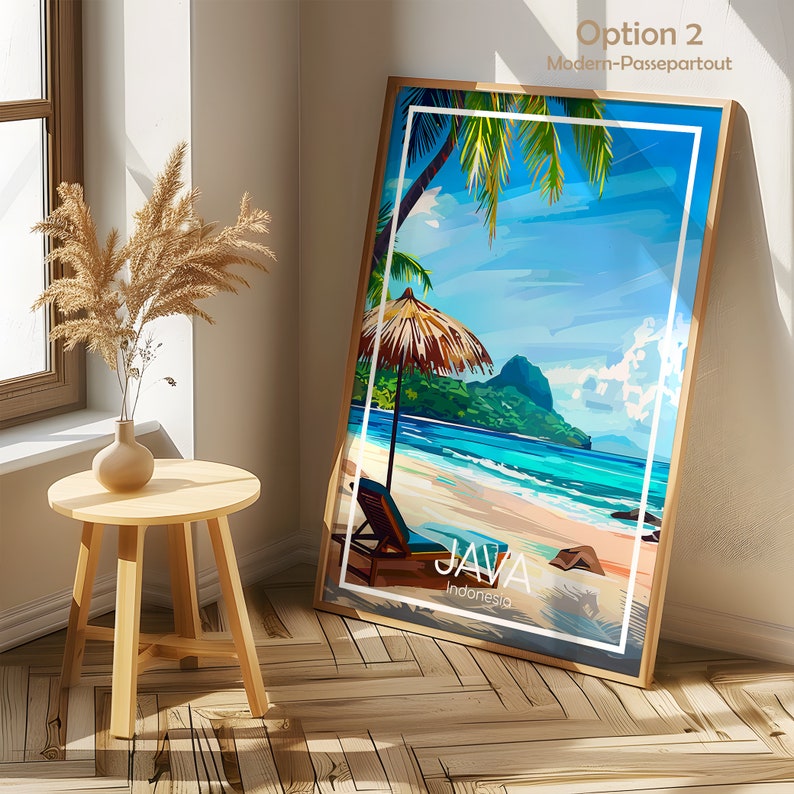 Pode incluir: Um p&ocirc;ster emoldurado com uma cena de praia tropical. O p&ocirc;ster apresenta um c&eacute;u azul, palmeiras, uma praia com uma espregui&ccedil;adeira e o texto "JAVA Indon&eacute;sia".