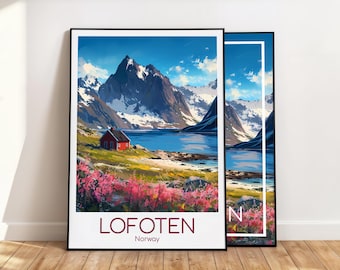 May include: A framed vertical art print featuring a landscape of the Lofoten islands in Norway. The illustration depicts a red cabin near a blue lake, snow-capped mountains, and pink wildflowers in the foreground. The text reads LOFOTEN Norway.