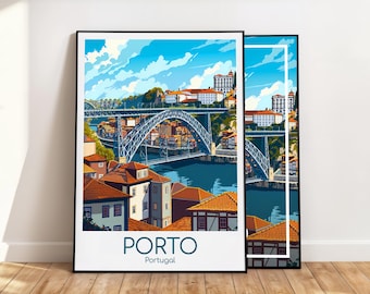 Może przedstawiać: Oprawiony wydruk artystyczny z kolorową ilustracją mostu Dom Luís I w Porto w Portugalii. Scena przedstawia niebieski metalowy most łukowy nad rzeką, otoczony budynkami z pomarańczowymi dachówkami pod jasnoniebieskim niebem. Napis: PORTO Portugal.