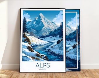 Póster de invierno alpino, arte mural de invierno alpino, Austria, póster de viaje de invierno alpino, lámina de invierno alpino, regalo alpino vintage, lámina de viaje alpino