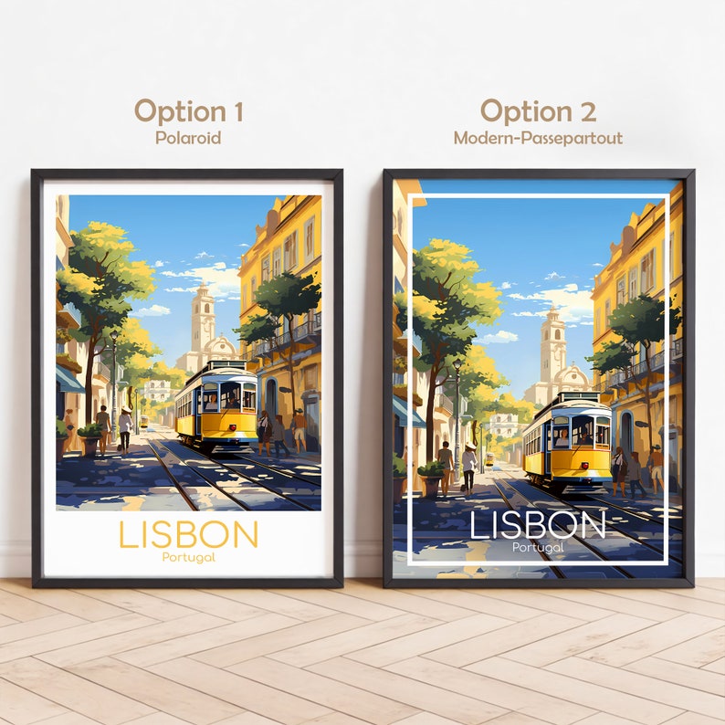 May include: Two framed art prints depicting a street scene in Lisbon, Portugal. The prints show a yellow tram on tracks, buildings, and trees under a blue sky. The word "LISBON" is at the bottom of each print.