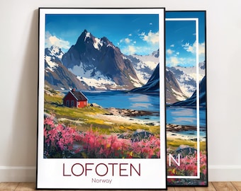 Lofoten Poster - Summer landscape in high Norway, gift, home decor, motif | Lofoten travel poster wall art