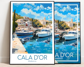Puede incluir: Una ilustración colorida de una escena de puerto con barcos y edificios. El texto "CALA D'OR Mallorca" está en la parte inferior de la imagen.
