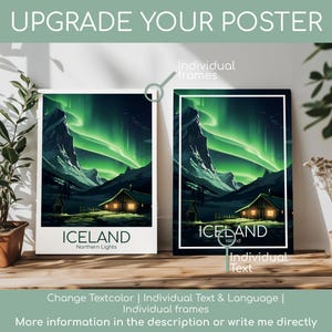 May include: Two framed posters featuring a landscape with the Northern Lights over Iceland. The posters have a cabin with lit windows. The text "ICELAND" and "Northern Lights" is at the bottom of one poster. The other poster has the text "ICELAND Island".