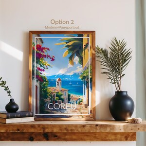 Op de afbeelding: Een ingelijste kunstdruk met de titel CORFU Greece met een levendig kusttafereel met felroze bougainvillea, een stenen pad, een witte klokkentoren en een blauwe zee. De tekst Option 2 Modern-Passepartout staat boven de lijst afgebeeld.