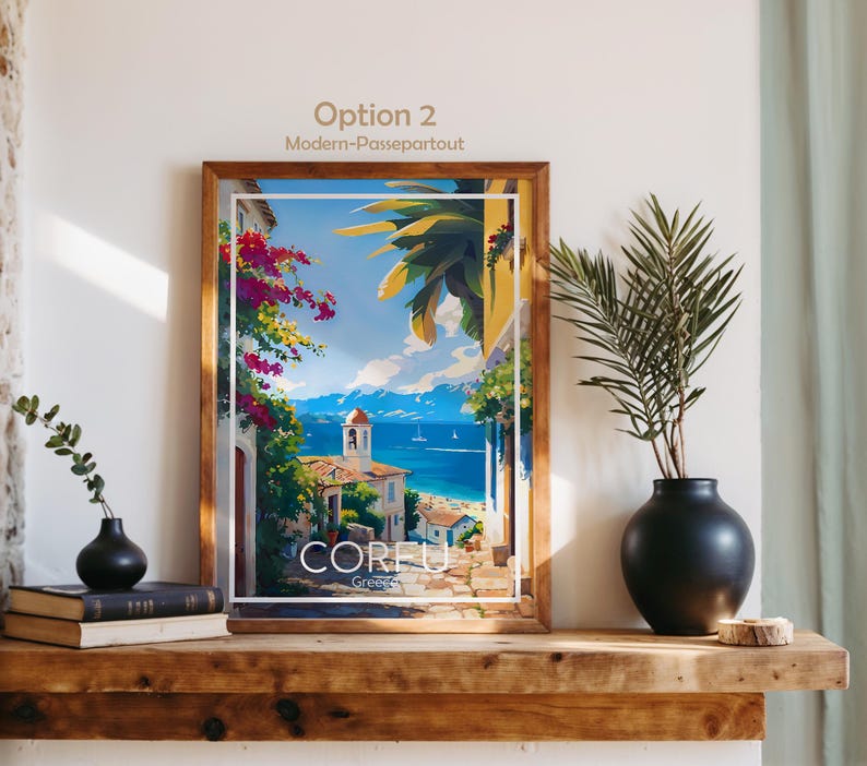 Op de afbeelding: Een ingelijste kunstdruk met de titel CORFU Greece met een levendig kusttafereel met felroze bougainvillea, een stenen pad, een witte klokkentoren en een blauwe zee. De tekst Option 2 Modern-Passepartout staat boven de lijst afgebeeld.