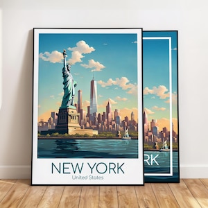 May include: A framed art print featuring a stylized illustration of the Statue of Liberty and the New York City skyline under a blue sky with clouds. The text NEW YORK United States is printed in dark blue at the bottom of the white border.