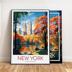 May include: Two framed art prints showcase a New York City autumn scene. The artwork features a park with a lake, colourful trees, and skyscrapers under a blue sky. The text "NEW YORK United States" is at the bottom of the first print.