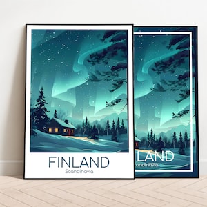 Poster di viaggio in Finlandia Aurora boreale Poster Finlandia Arte murale Scandinavia Poster vintage Poster di viaggio in Finlandia Regalo Stampa Finlandia