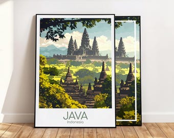 Java Poster, Java Wall Art, Indonesia, Prambanan Temple, Java Travel Poster, Java Print, Vintage Java Gift, Java Travel Print