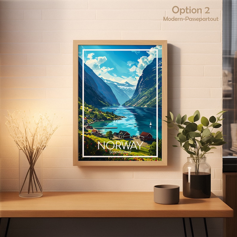 May include: A framed poster with a colorful illustration of a fjord in Norway. The poster has the text "NORWAY" and "Scandinavia" printed on it.