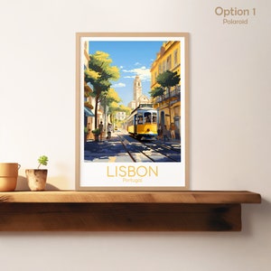 May include: Framed art print of Lisbon, Portugal, featuring a yellow tram on tracks, buildings, and people on a sunny day. The print has the text "LISBON Portugal" in gold letters.